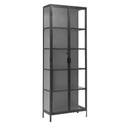 Phoenix vitrineskab fra Nordal i sort jern og glas – hjt, slankt og industrielt skab med 5 hylder og glaslger