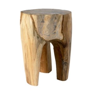 Teak skammel i massivt tr med tre ben – hndlavet og unik, naturfarvet med organisk form