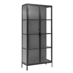 Phoenix vitrineskab fra Nordal i sort jern og glas – hjt og slankt skab med fire hylder og glas i bde front og sider