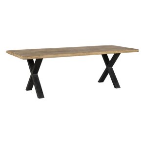 Stort spisebord i genbrugstr med krydsstel i jern – rustikt og robust design til moderne hjem og sommerhuse