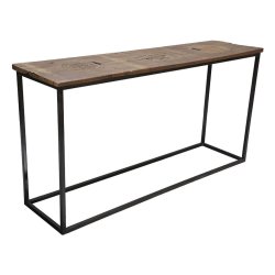 Konsolbord i gammelt tr med smukke udskringer og jernstel – unikt rustikt mbel med industriel kant