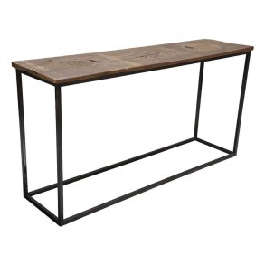 Konsolbord i gammelt tr med smukke udskringer og jernstel – unikt rustikt mbel med industriel kant